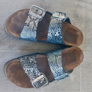 Birkenstock Silver Snakeskin Buckle Sandals